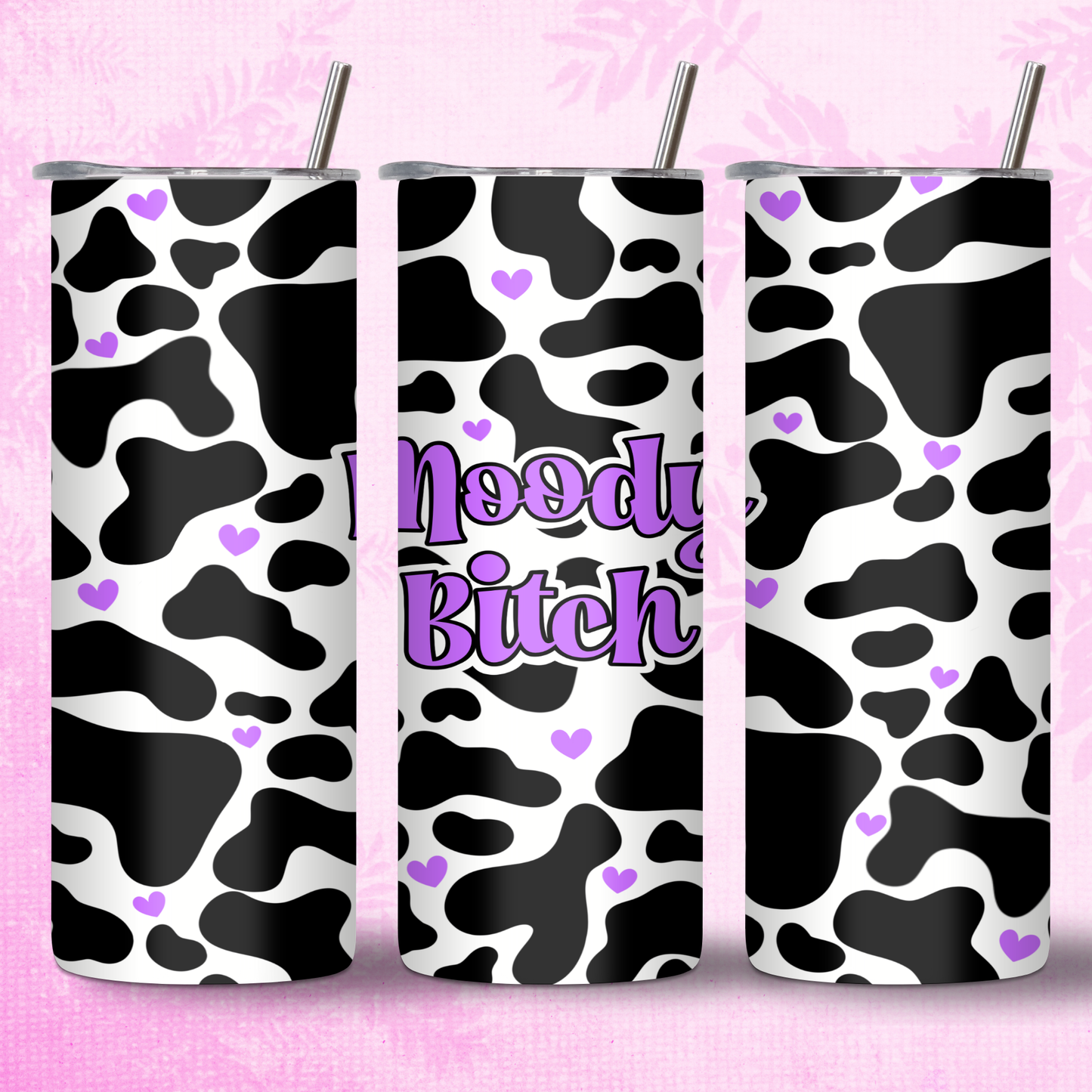 Purple Moody Bitch Cow Print Design 20oz Thermal Tumbler with Straw