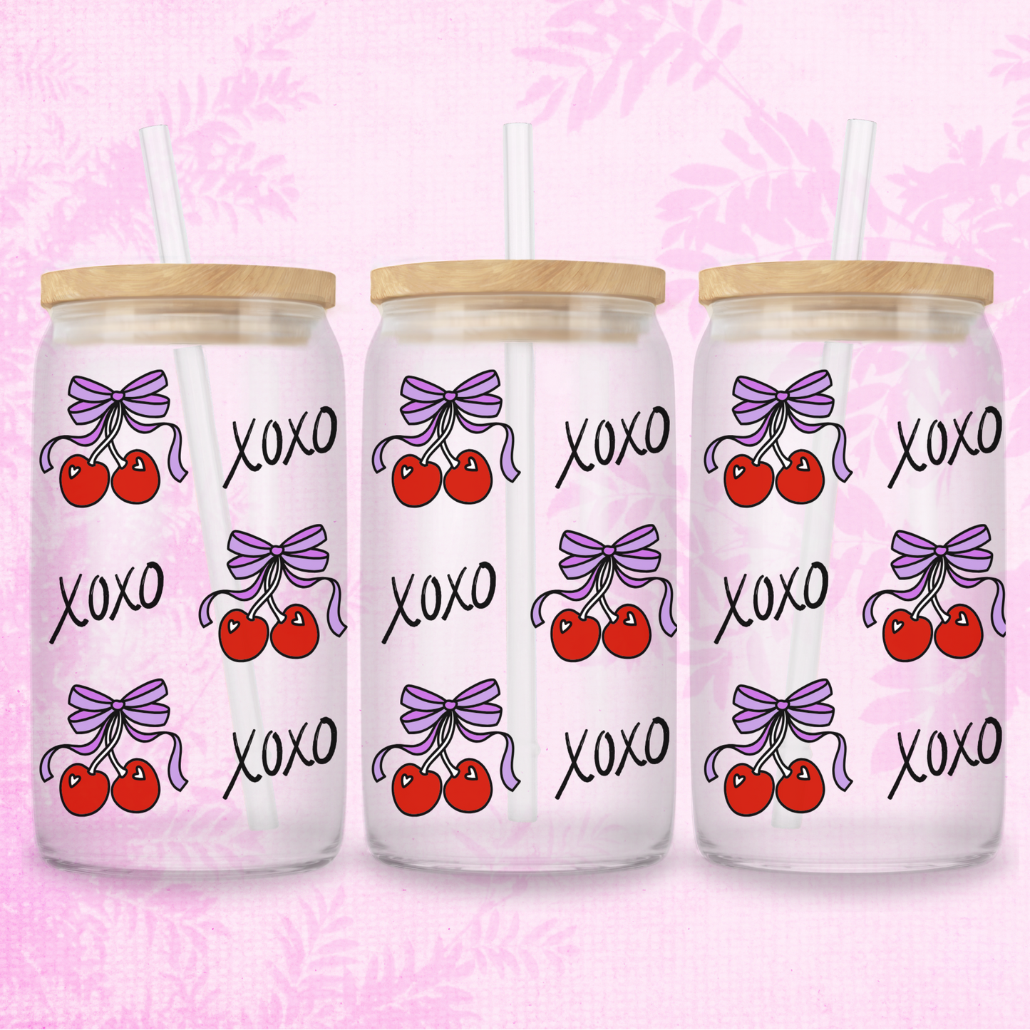 XOXO Hugs & Kisses 16oz Frosted or Clear Libbey Glass Can with Bamboo lid & Straw