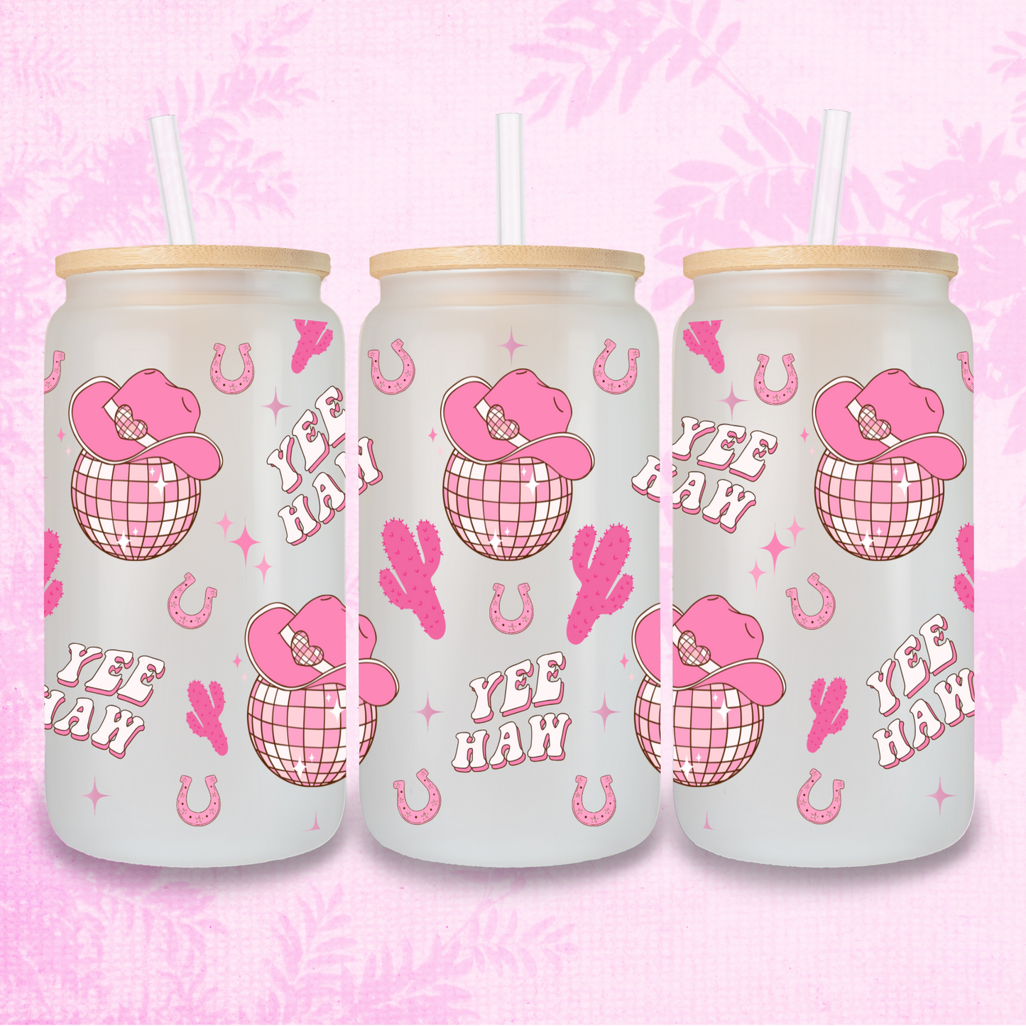 Yee Haw Cowgirl Disco Ball & Hats 16oz Frosted or Clear Libbey Glass Can with Bamboo lid & Straw