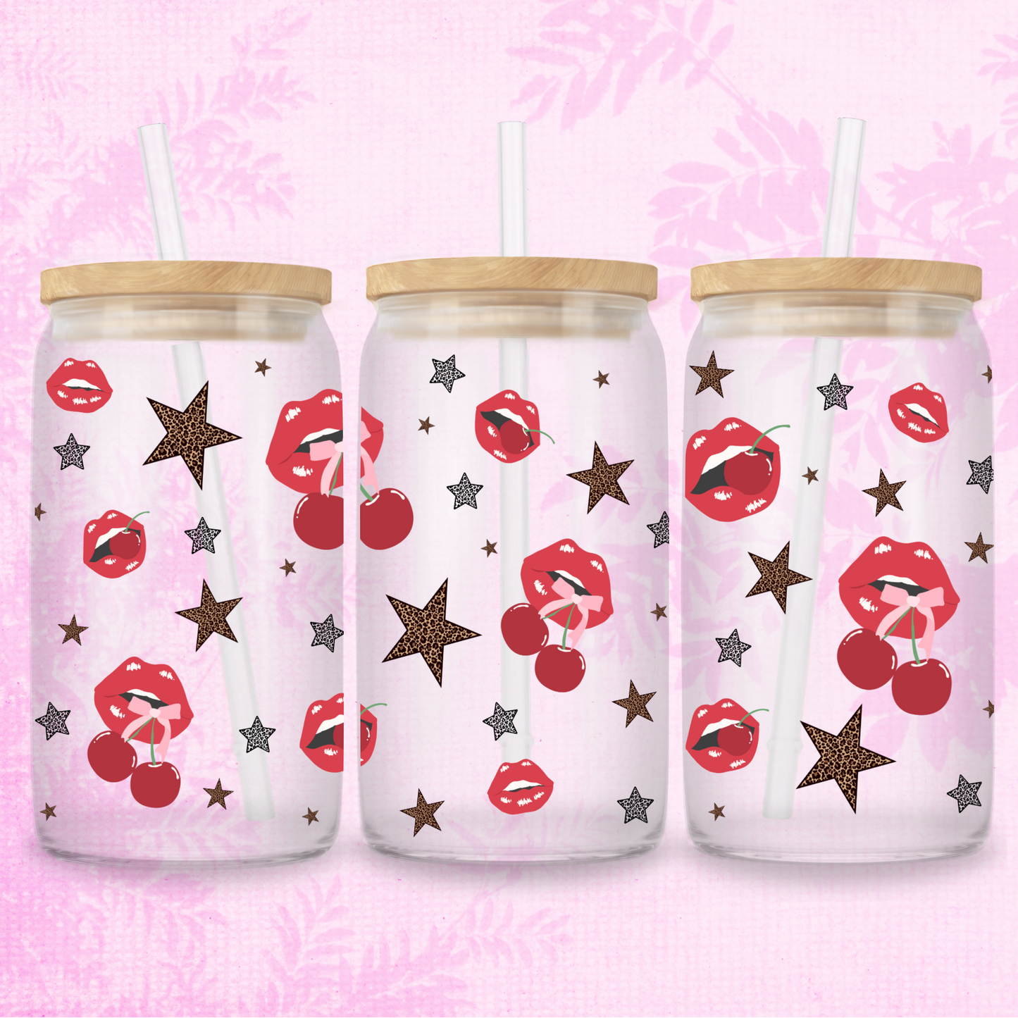 Cherry Lips & Leopard Print 16oz Frosted or Clear Libbey Glass Can with Bamboo lid & Straw