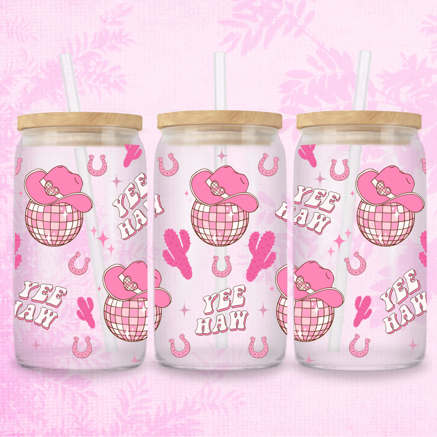 Yee Haw Cowgirl Disco Ball & Hats 16oz Frosted or Clear Libbey Glass Can with Bamboo lid & Straw
