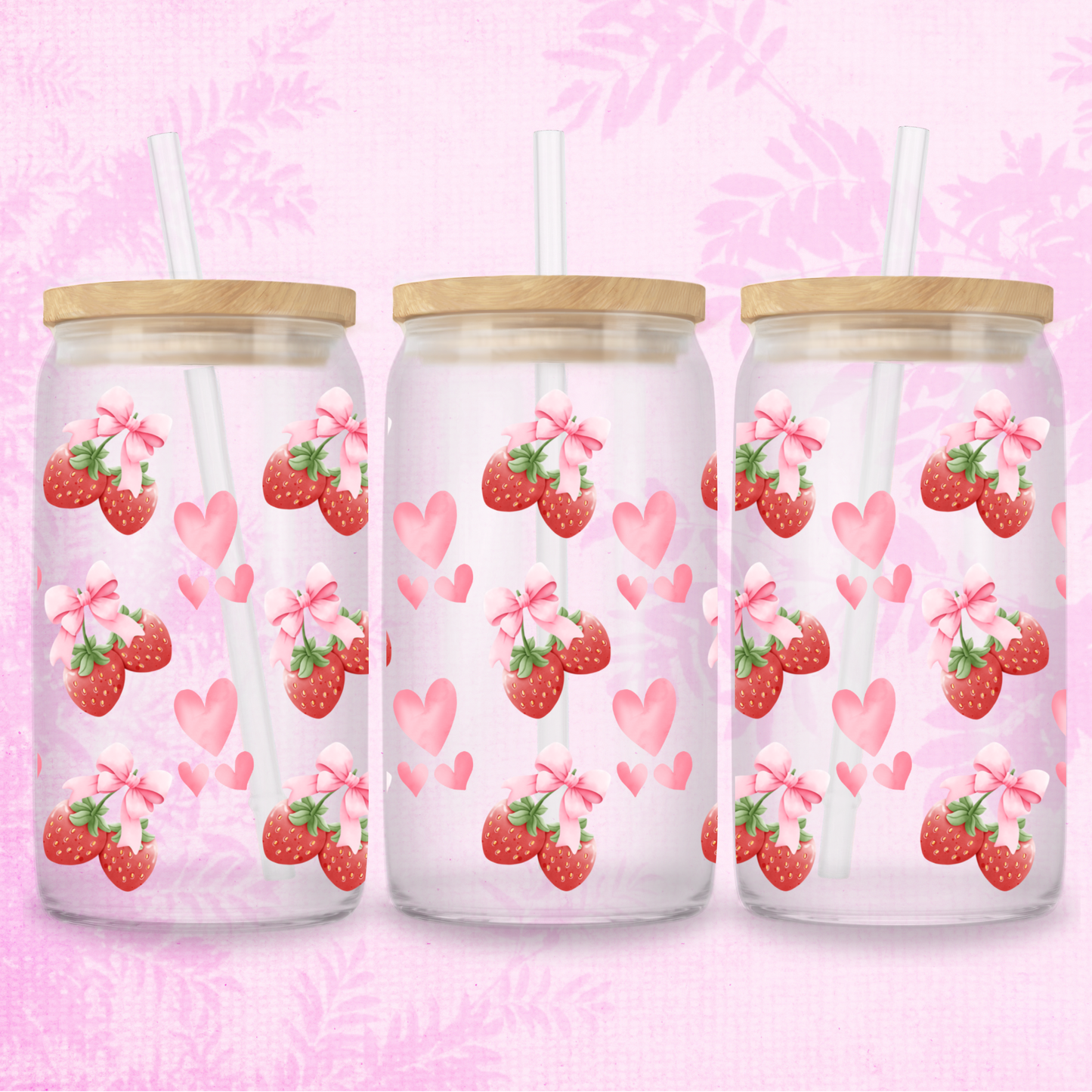 Strawberries in Summer 16oz Frosted or Clear Libbey Glass Can with Bamboo lid & Straw