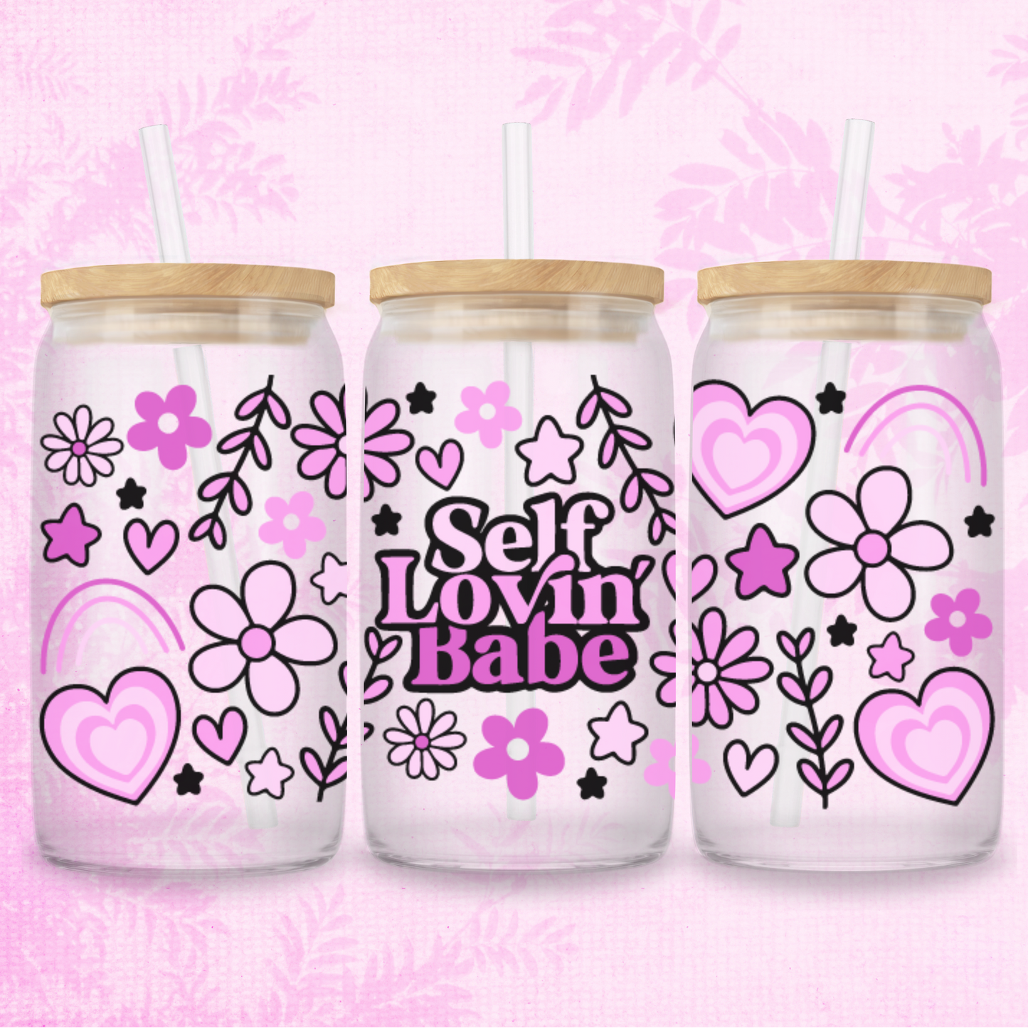 Self Lovin' Babe in Pinks 16oz Frosted or Clear Libbey Glass Can with Bamboo lid & Straw