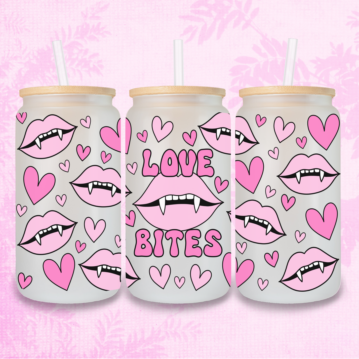 Love Bites In Pink Vampire 16oz Frosted or Clear Libbey Glass Can with Bamboo lid & Straw