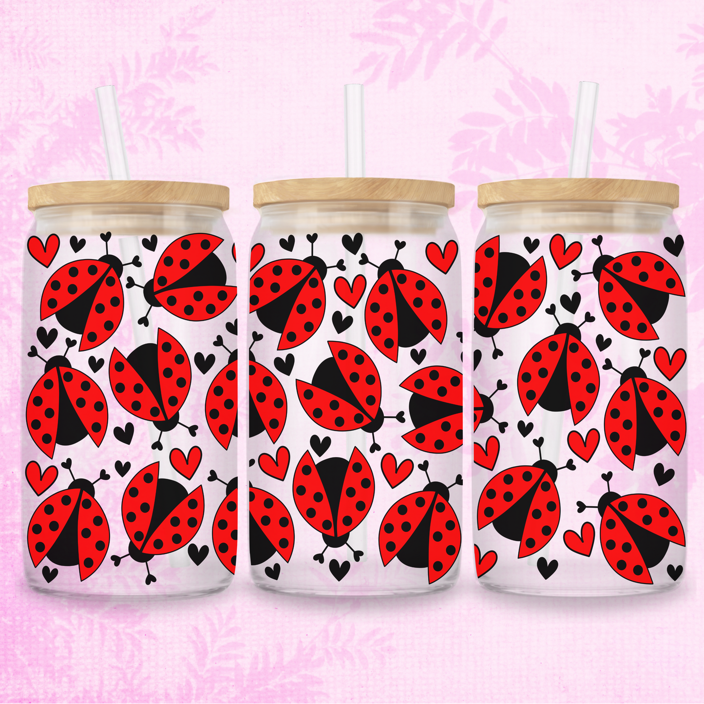 Red Ladybird Or Ladybug 16oz Frosted or Clear Libbey Glass Can with Bamboo lid & Straw