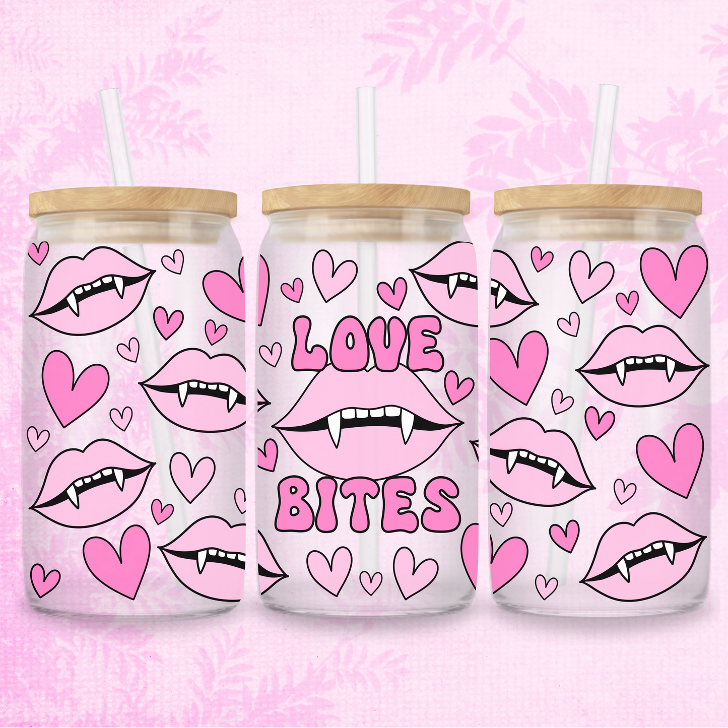 Love Bites In Pink Vampire 16oz Frosted or Clear Libbey Glass Can with Bamboo lid & Straw