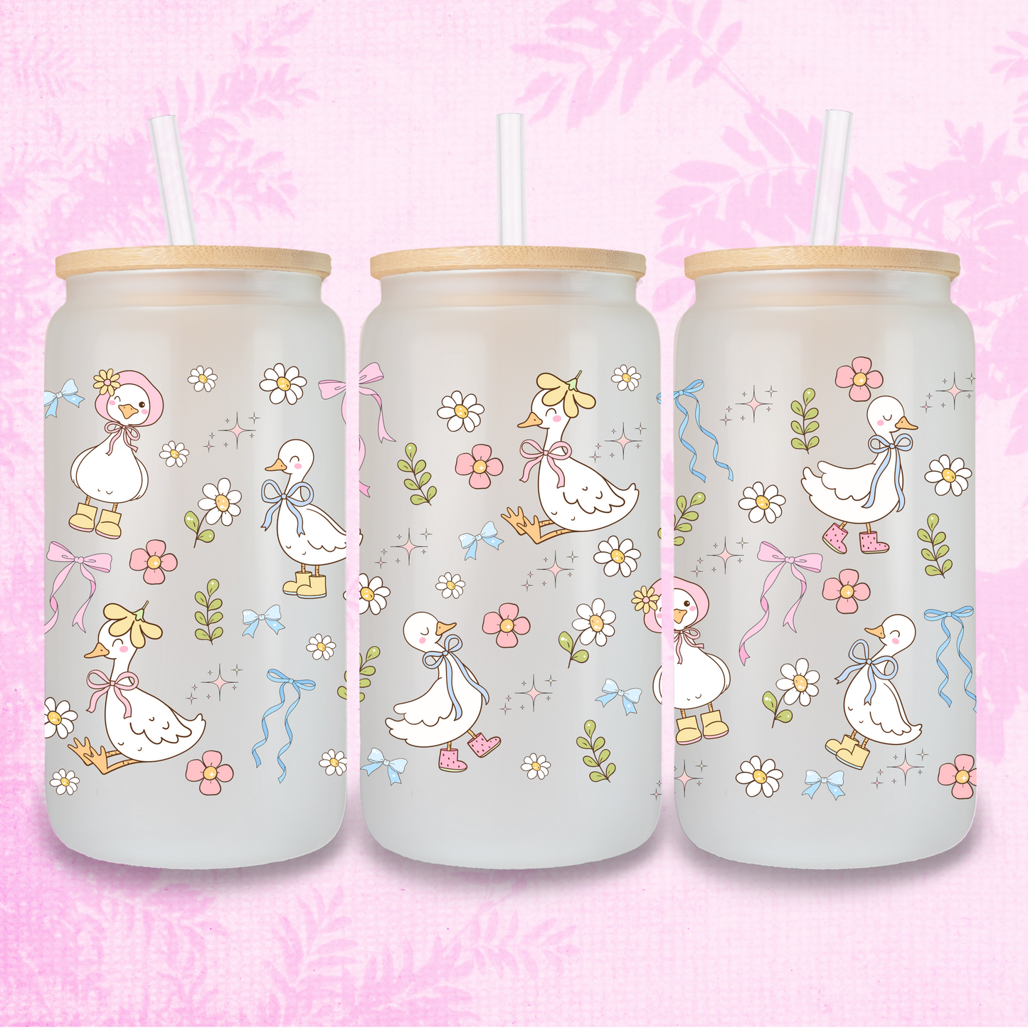 Coquette Adorable Ducks 16oz Frosted or Clear Libbey Glass Can with Bamboo lid & Straw