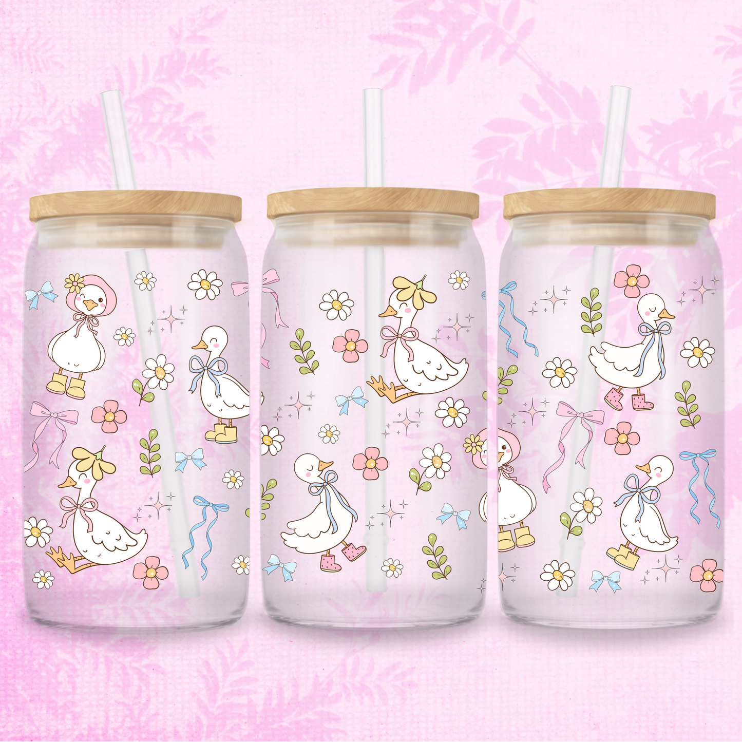 Coquette Adorable Ducks 16oz Frosted or Clear Libbey Glass Can with Bamboo lid & Straw