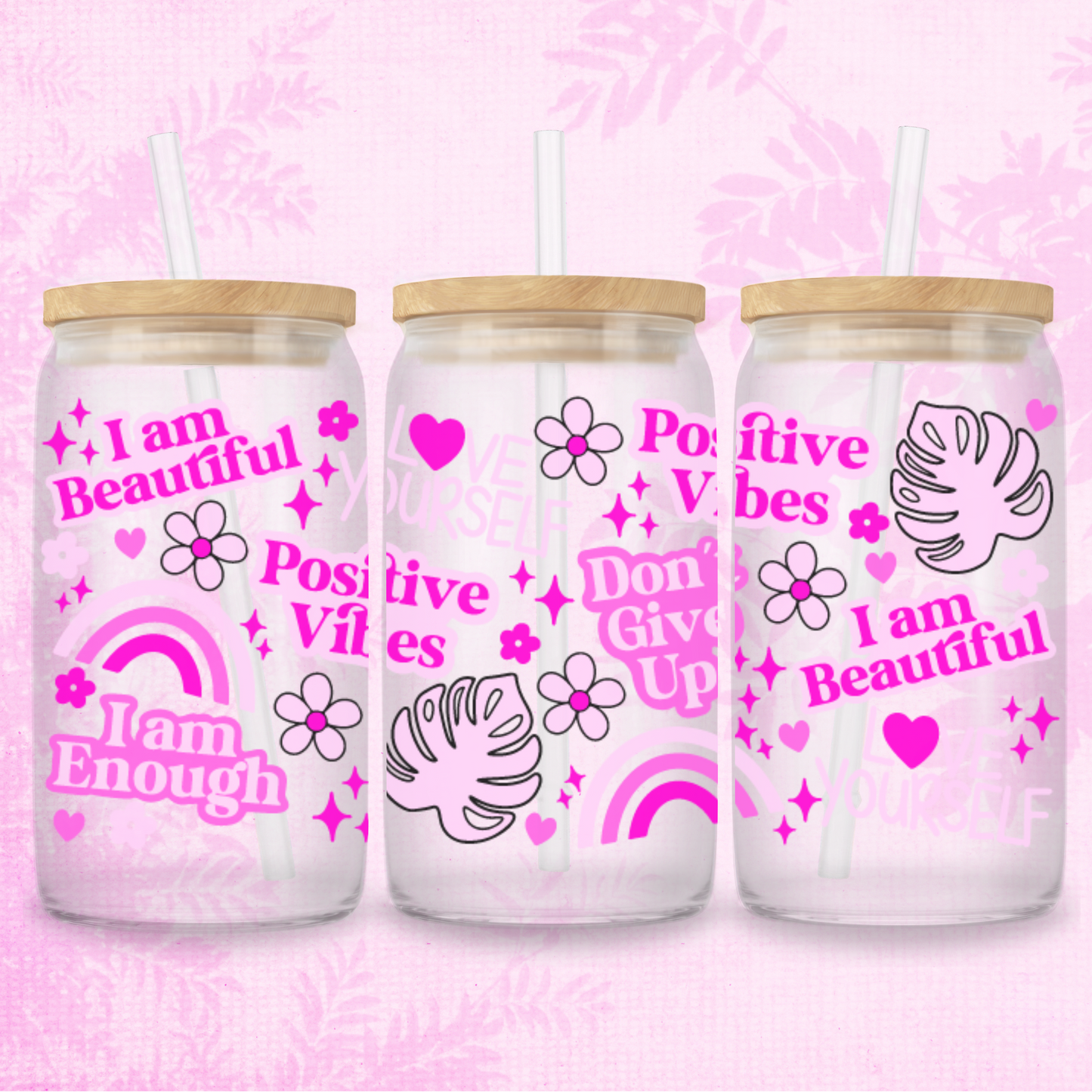 Positive Vibes Pink 16oz Frosted or Clear Libbey Glass Can with Bamboo lid & Straw