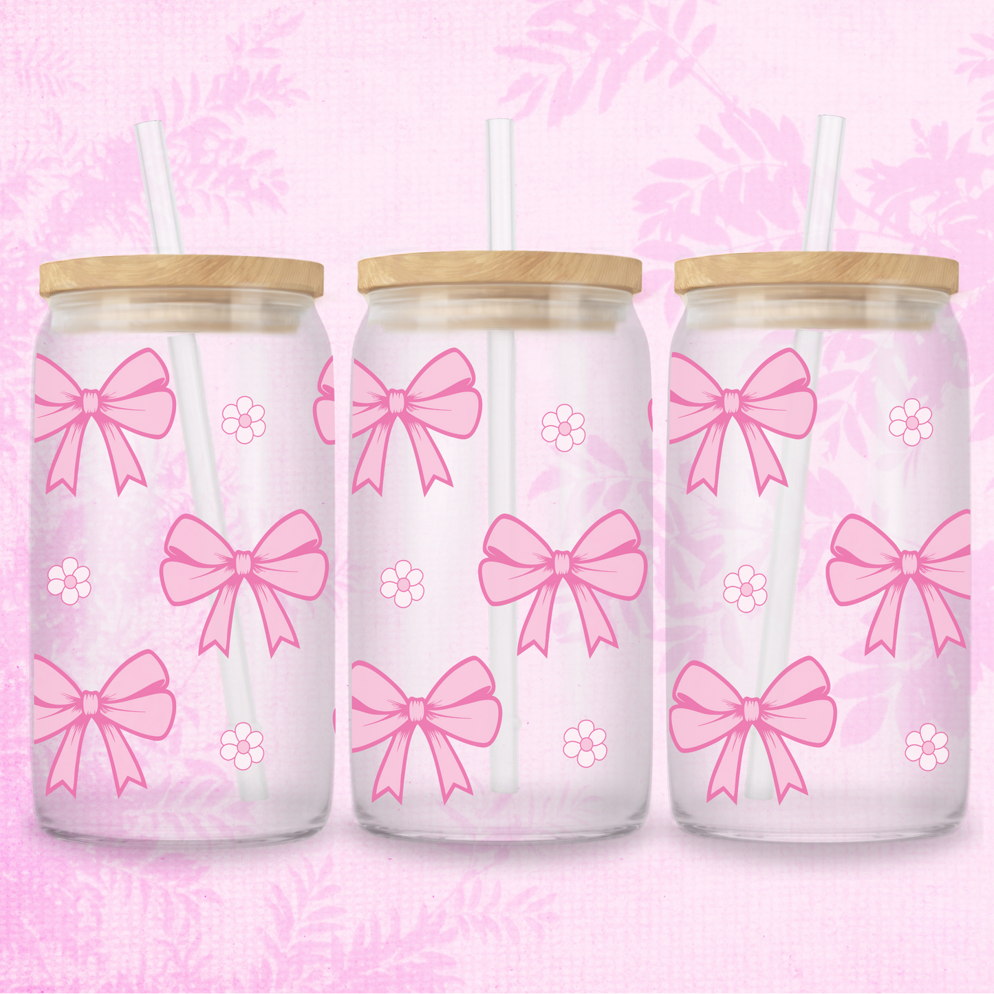 Pink Bows Coquette Style 16oz Frosted or Clear Libbey Glass Can with Bamboo lid & Straw