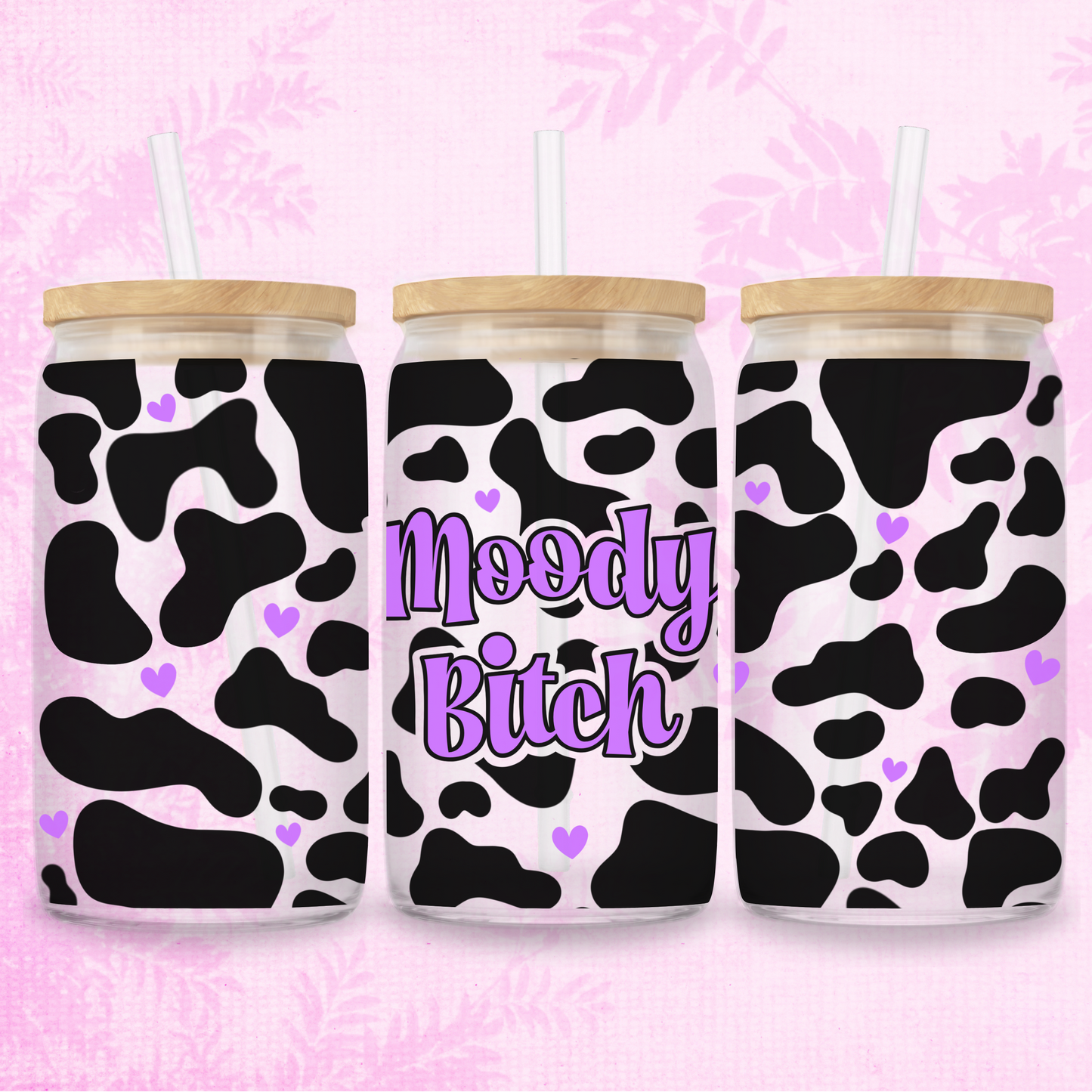 Moody Bitch In Purple - Cow Print 16oz Frosted or Clear Libbey Glass Can with Bamboo lid & Straw