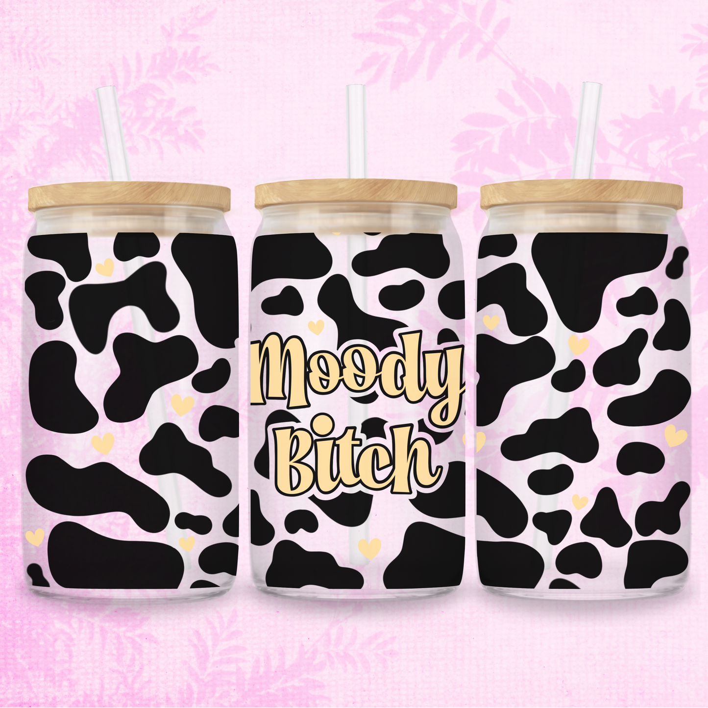 Moody Bitch In Yellow - Cow Print 16oz Frosted or Clear Libbey Glass Can with Bamboo lid & Straw