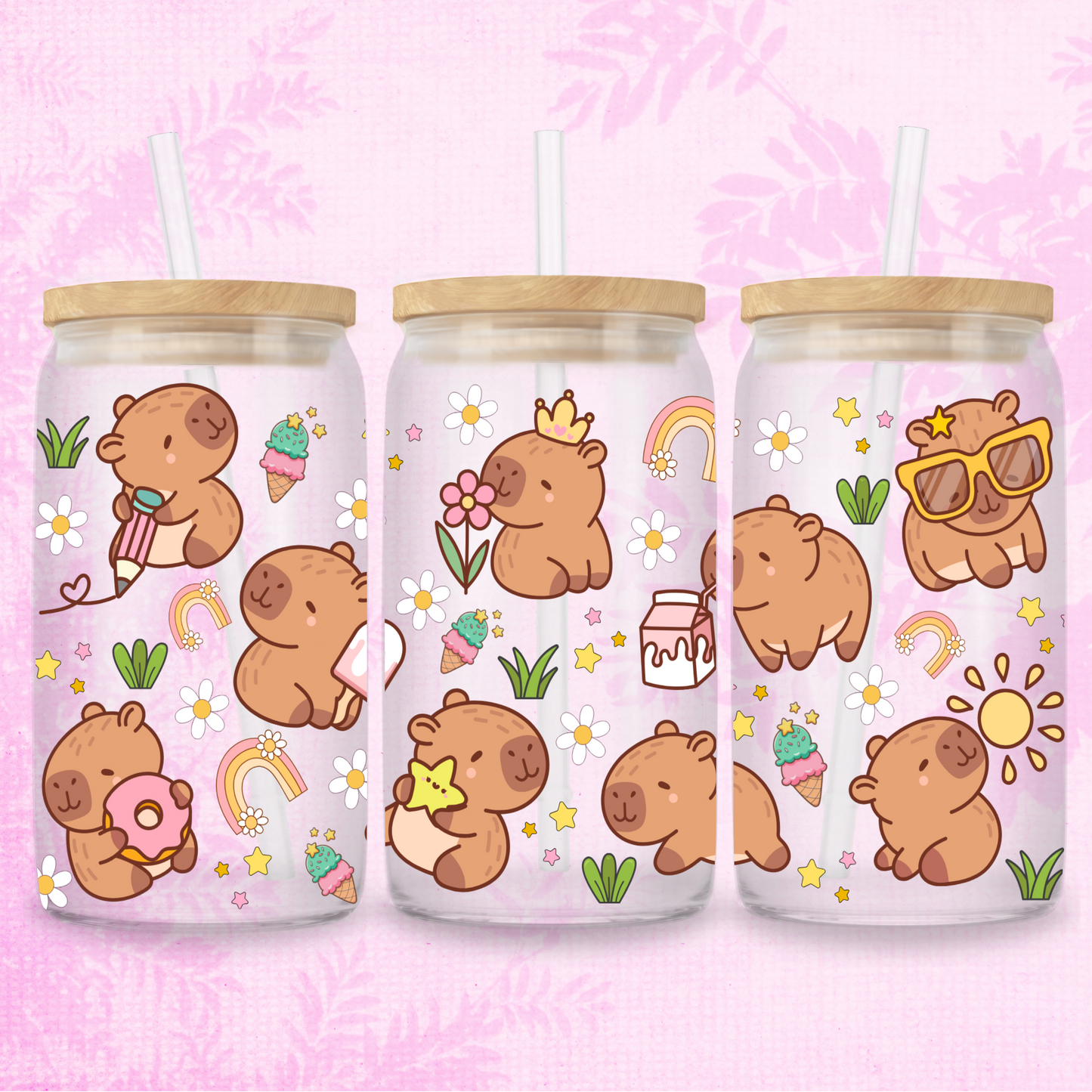 Cute Capybara 16oz Frosted or Clear Libbey Glass Can with Bamboo lid & Straw