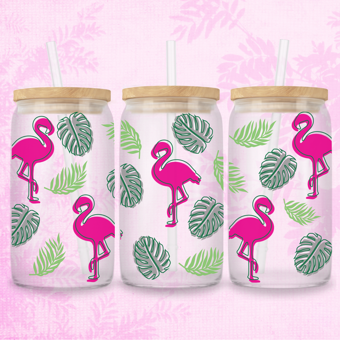 Tropical Flamingo 16oz Frosted or Clear Libbey Glass Can with Bamboo lid & Straw