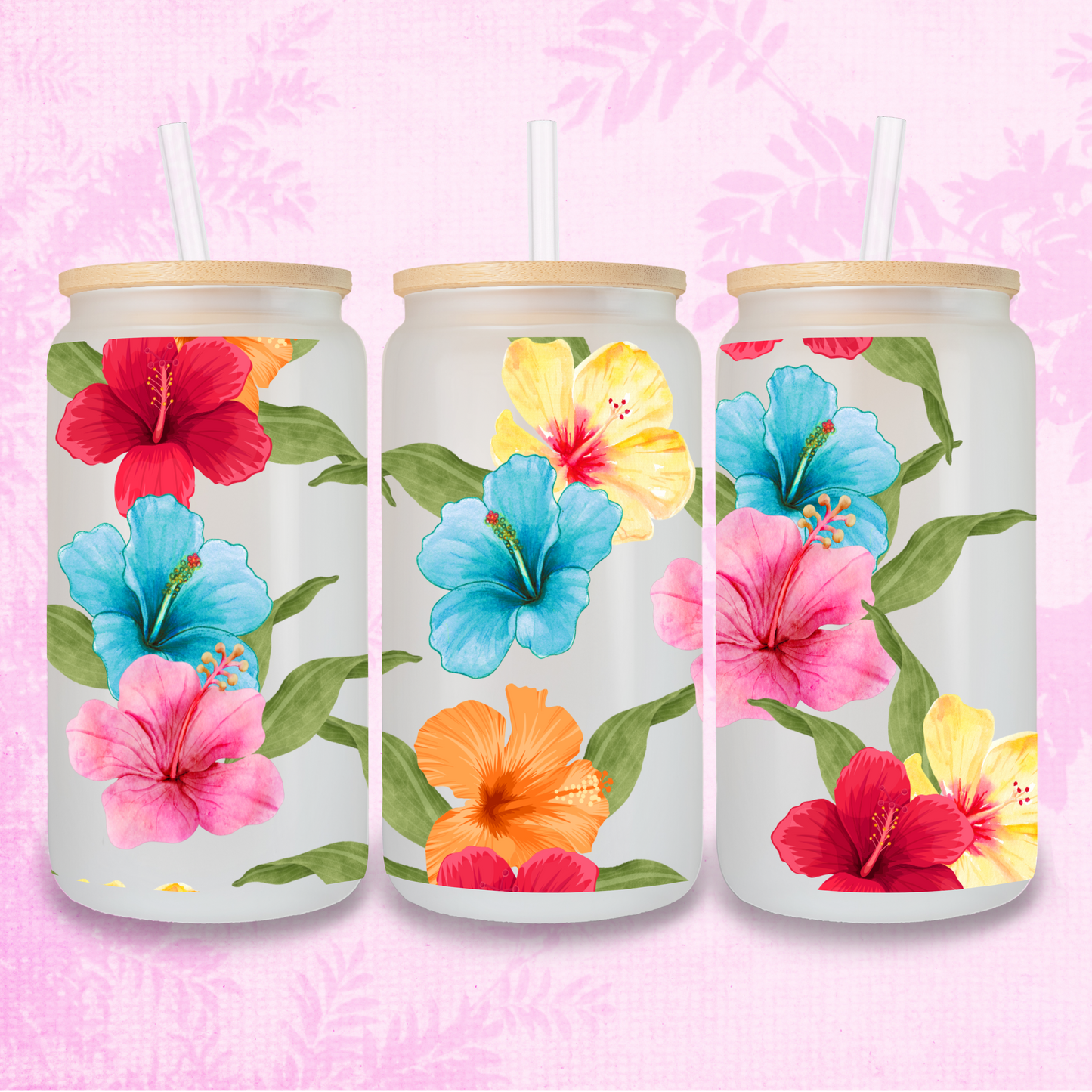 Bold Colourful Lily Design 16oz Frosted or Clear Libbey Glass Can with Bamboo lid & Straw