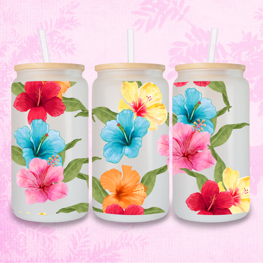 Bold Colourful Lily Design 16oz Frosted or Clear Libbey Glass Can with Bamboo lid & Straw