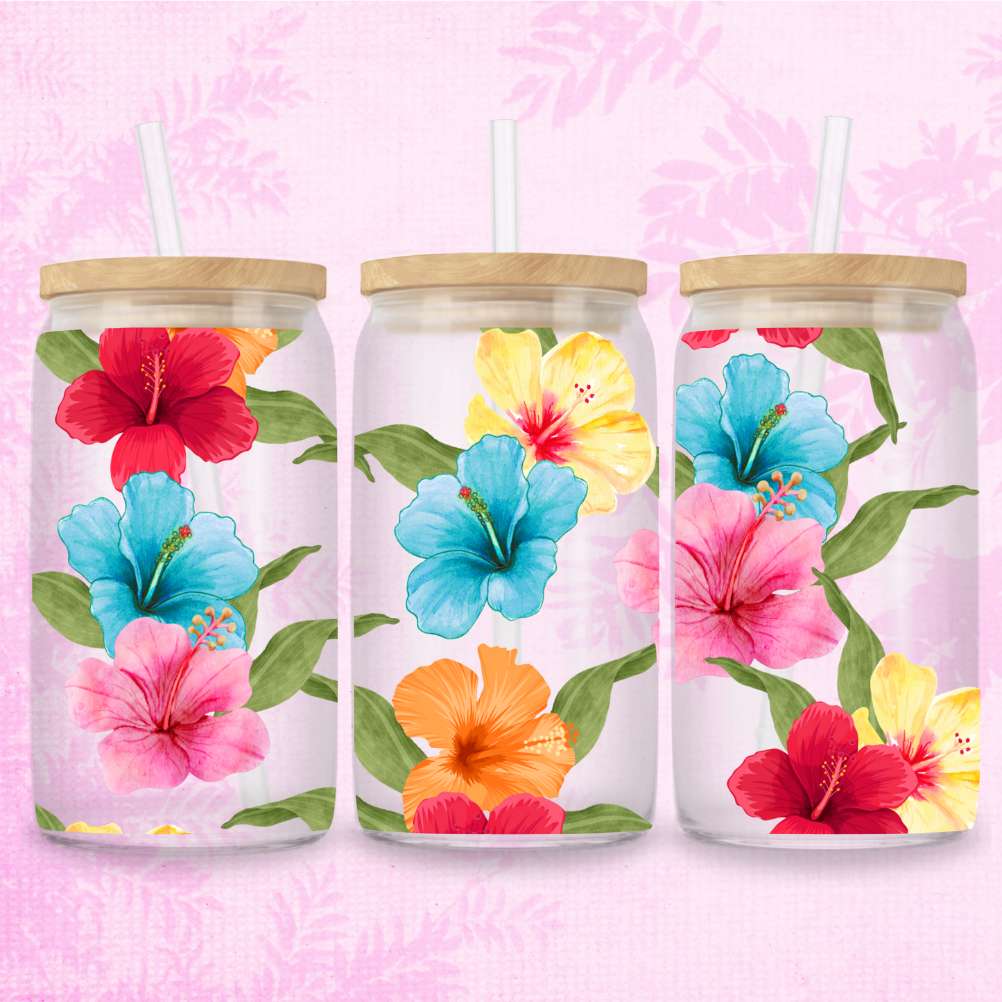 Bold Colourful Lily Design 16oz Frosted or Clear Libbey Glass Can with Bamboo lid & Straw