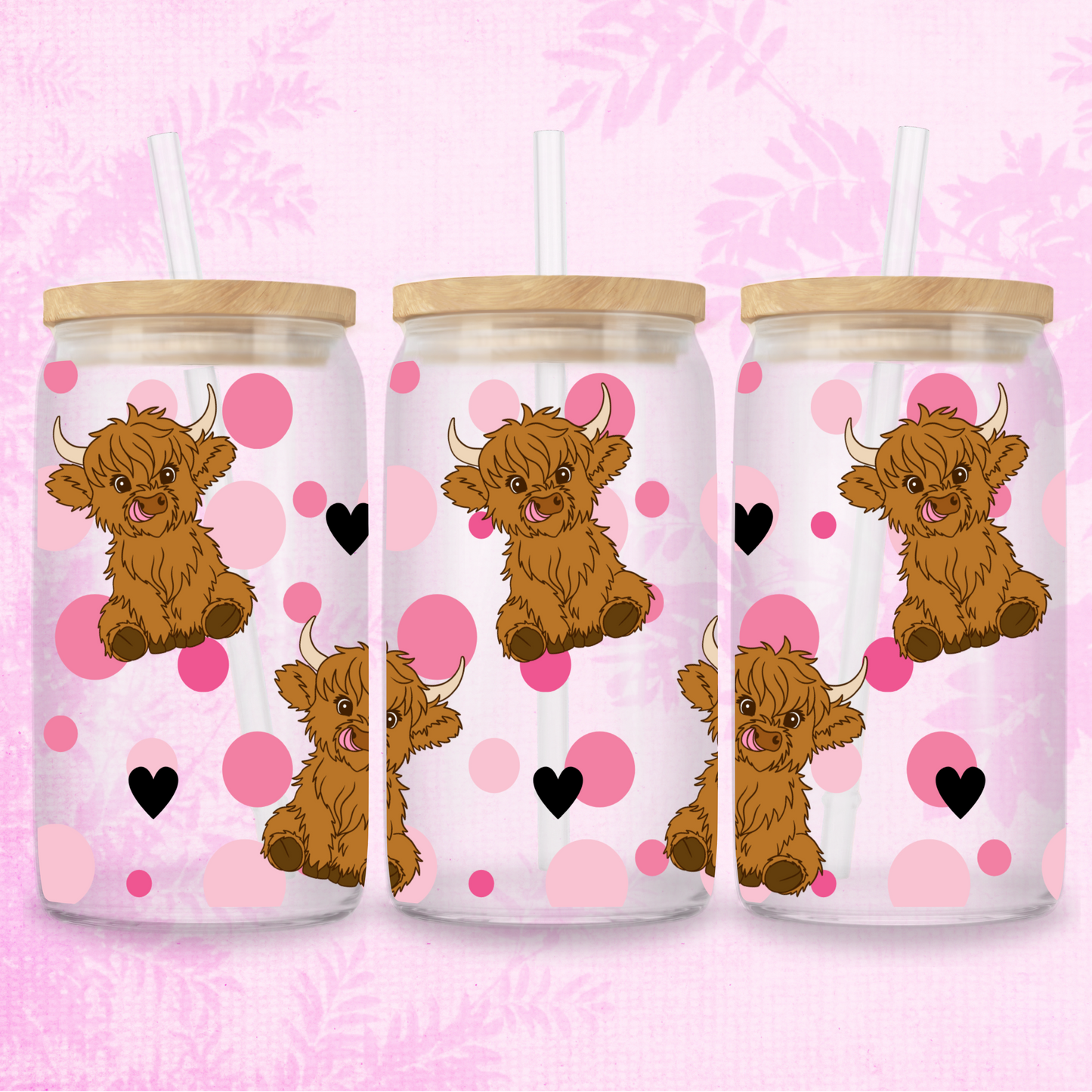 Highland Cow & Polka Dots 16oz Frosted or Clear Libbey Glass Can with Bamboo lid & Straw