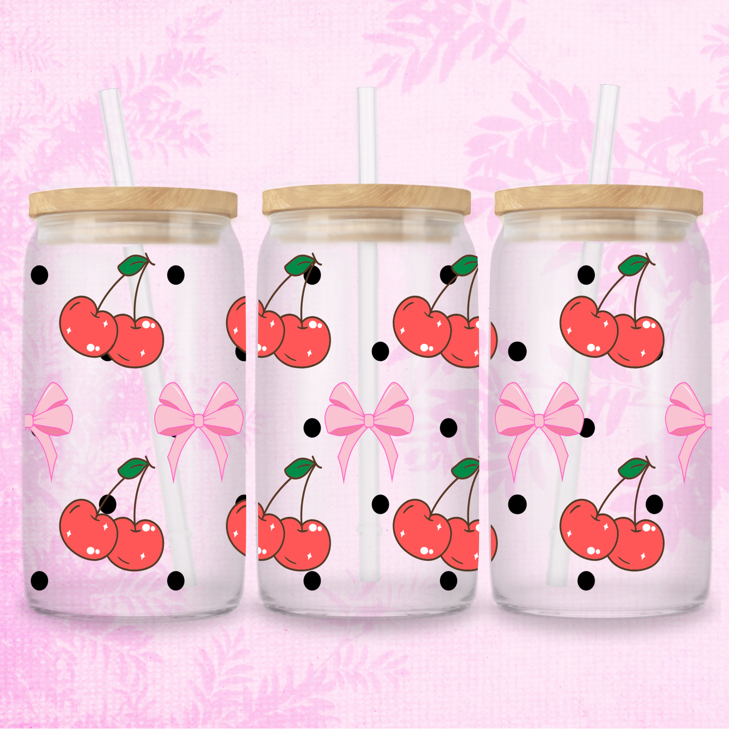 Coquette Cherries & Bows 16oz Frosted or Clear Libbey Glass Can with Bamboo lid & Straw