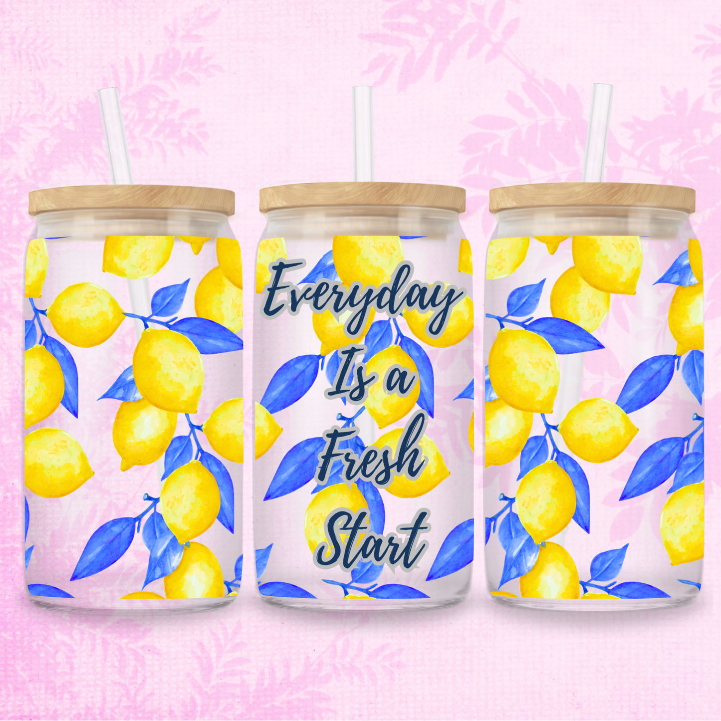 Fresh Start Lemon 16oz Frosted or Clear Libbey Glass Can with Bamboo lid & Straw