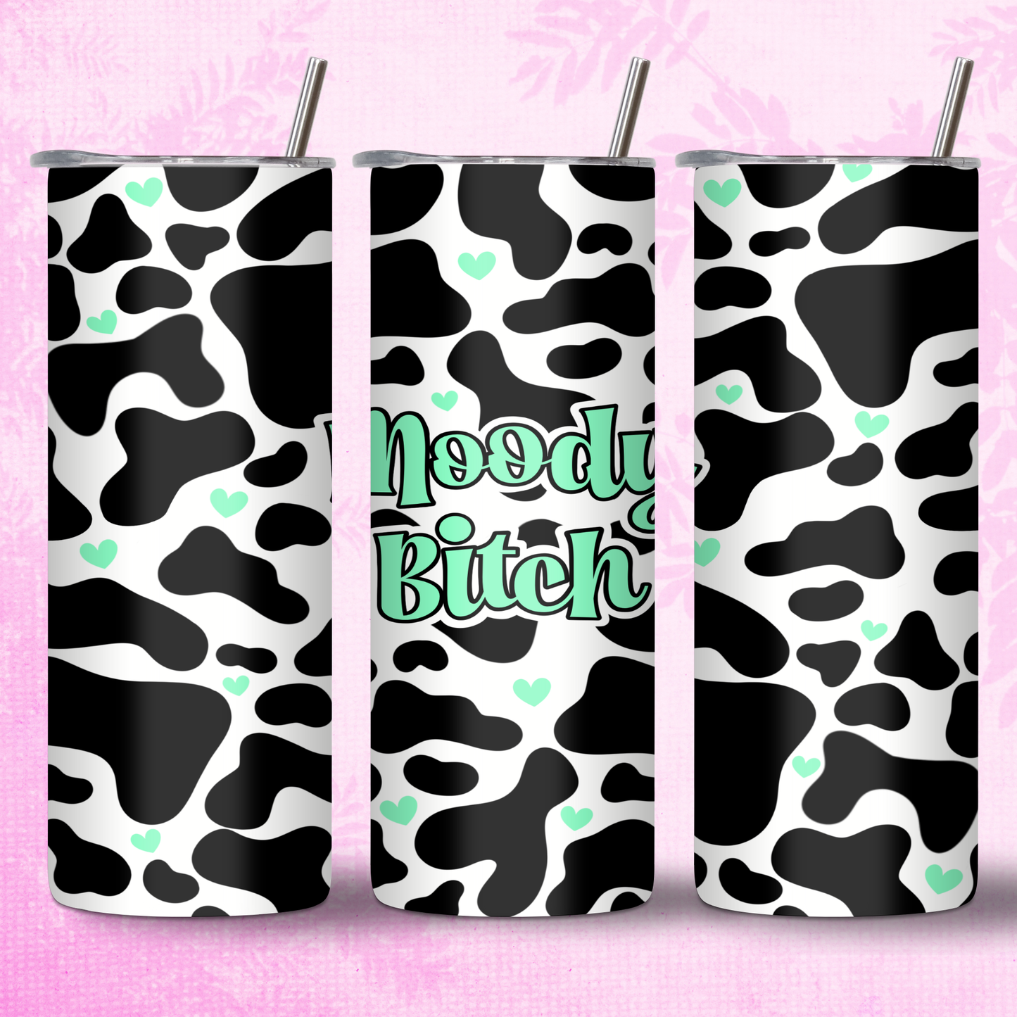 Mint Green Moody Bitch Cow Print Design 20oz Thermal Tumbler with Straw
