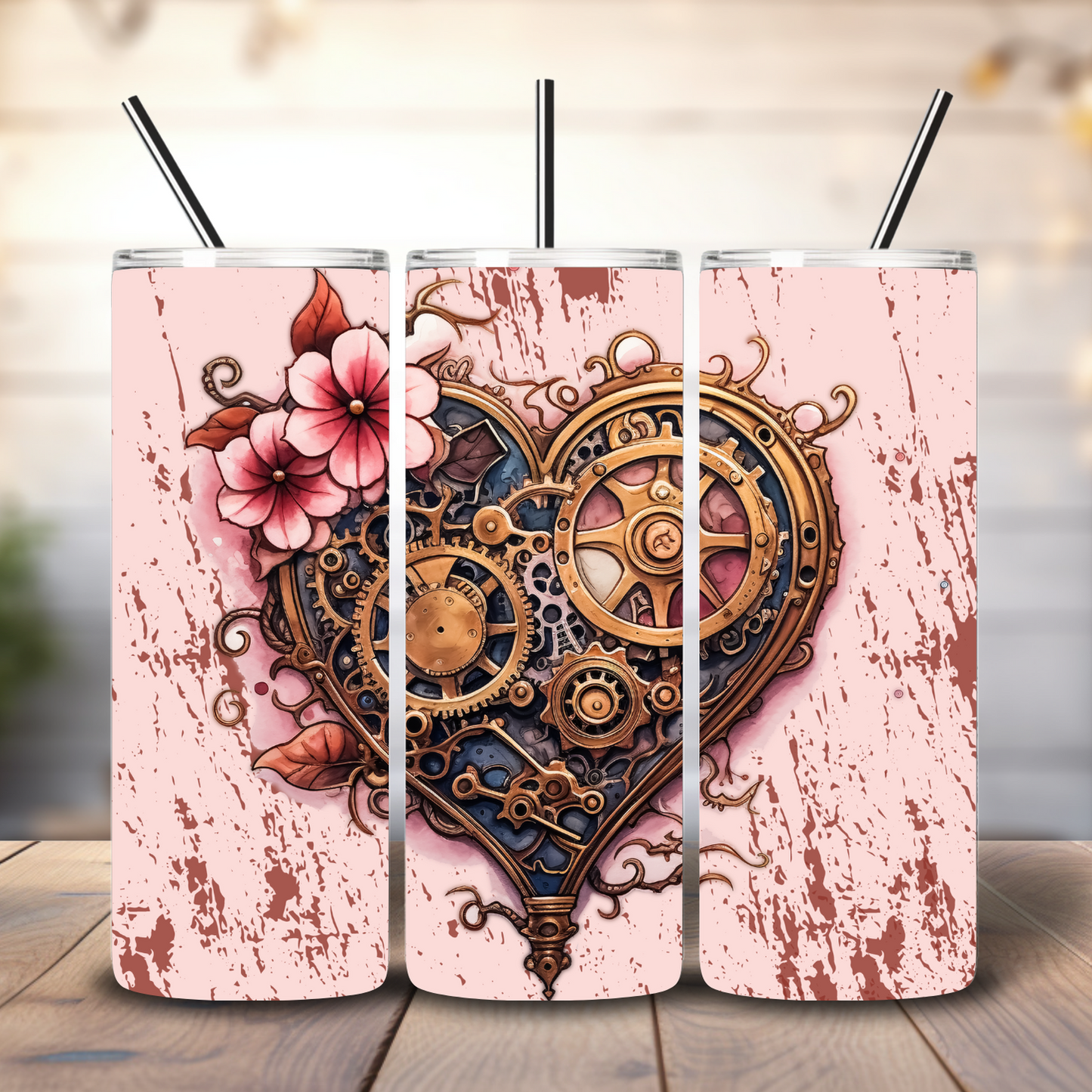 Steampunk Heart Design in Pink 20oz Thermal Tumbler with Straw