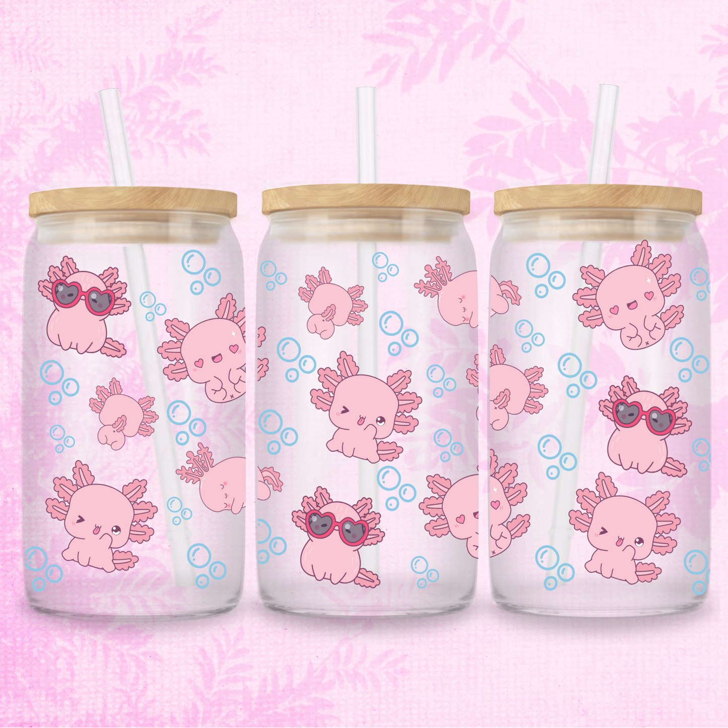 Pink Axolotls 16oz Frosted or Clear Libbey Glass Can with Bamboo lid & Straw