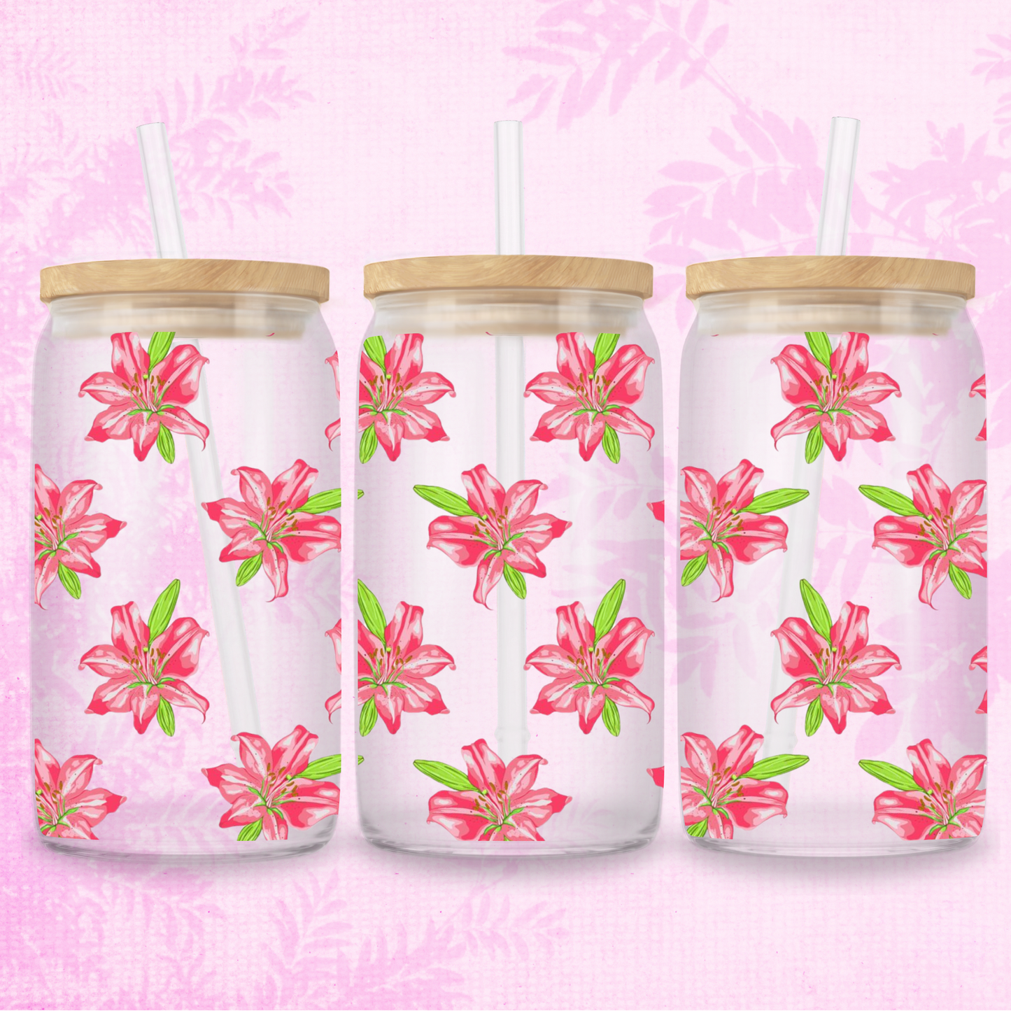 Hand Drawn Pink Lily Design 16oz Frosted or Clear Libbey Glass Can with Bamboo lid & Straw