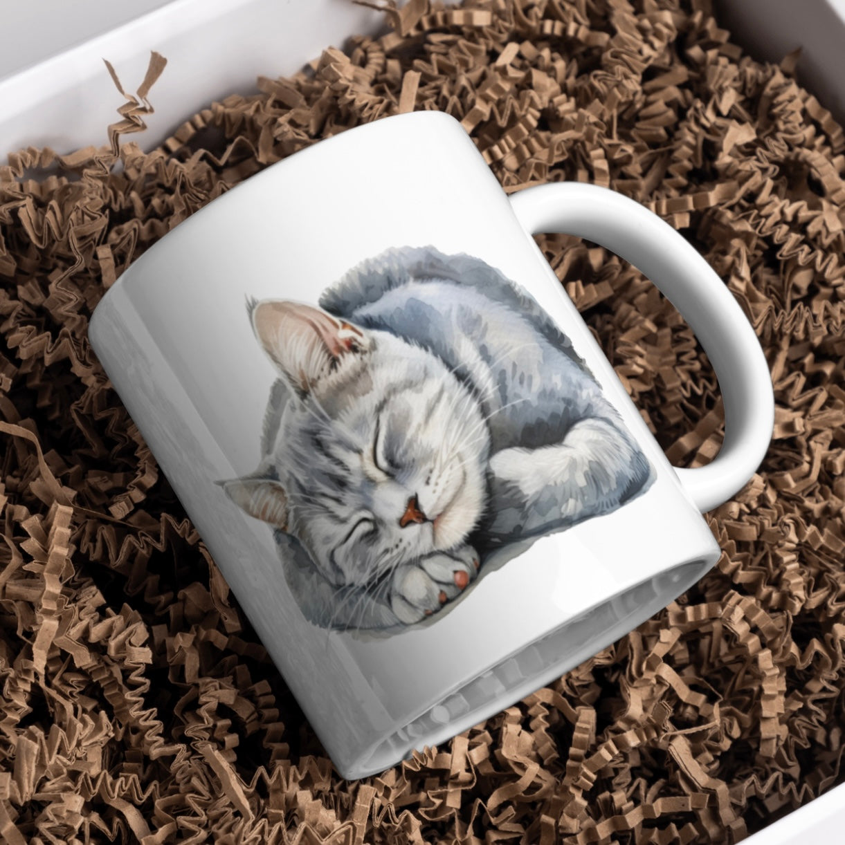 Sleeping Grey Cat 11oz White Mug, Great Gift Idea. - Cute Customs by J & C