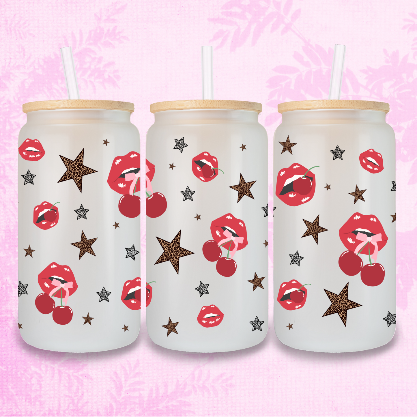 Cherry Lips & Leopard Print 16oz Frosted or Clear Libbey Glass Can with Bamboo lid & Straw