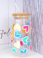 Funky Hearts 20oz Glass Can with Bamboo lid and Straw