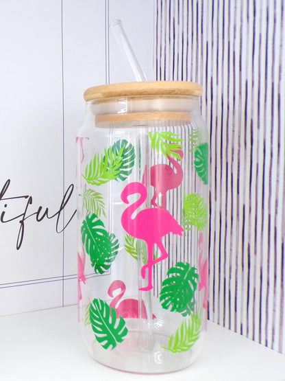 Hot Pink Flamingos 20oz Glass Can with Bamboo lid and Straw