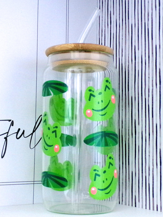 Happy Frogs and Lily Pads 20oz Glass Can with Bamboo lid and Straw