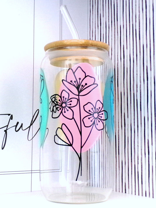 Colour Splash with Flowers 20oz Glass Can with Bamboo lid and Straw