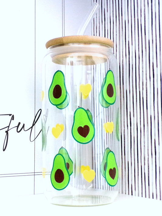 Avocados and Hearts 20oz Glass Can with Bamboo lid and Straw