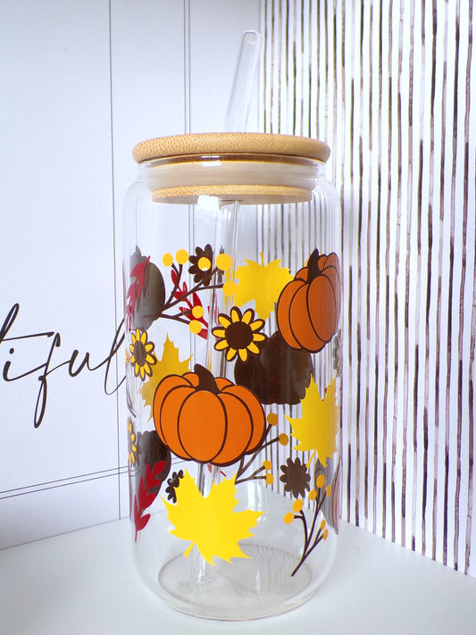 Pumpkin Flower Patch 20oz Glass Can with Bamboo lid and Straw