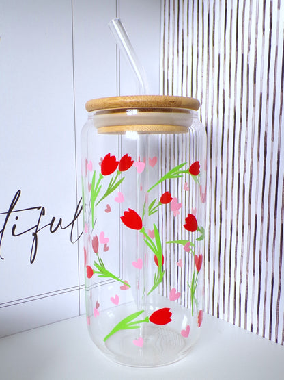 Beautiful Tulips 20oz Glass Can with Bamboo lid and Straw