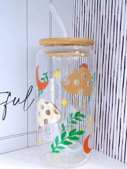 Moons and Mushrooms 20oz Glass Can with Bamboo lid and Straw