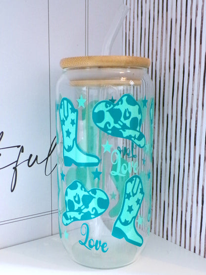 Howdy Cowgirl / Cowboy Teal & Turquoise 20oz Glass Can with Bamboo lid and Straw