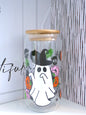 Dancing Ghost with Flowers and Pumpkins 20oz Glass Can with Bamboo lid and Straw