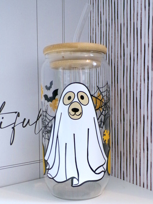 Ghost Dog 20oz Glass Can with Bamboo lid and Straw