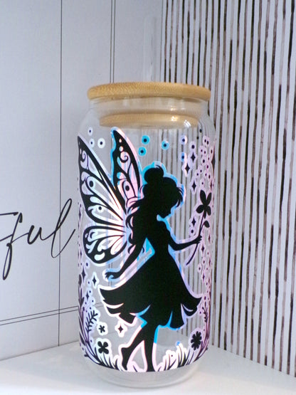 Stunning White Holographic & Black Fairy silhouette 20oz Glass Can with Bamboo lid and Straw