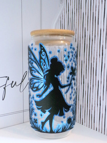 Stunning Blue Holographic & Black Fairy silhouette 20oz Glass Can with Bamboo lid and Straw