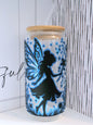 Stunning Blue Holographic & Black Fairy silhouette 20oz Glass Can with Bamboo lid and Straw