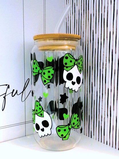 Green polka dot bow skull 20oz Glass Can with Bamboo lid and Straw