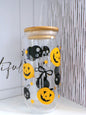 Pumpkins, Skulls and Bows 20oz Glass Can with Bamboo lid and Straw