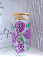 Its All About The Roses Purple 20oz Glass Can with Bamboo lid and Straw