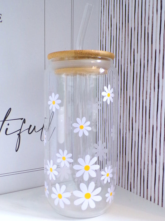 Daisy Flowers 20oz Glass Can with Bamboo lid and Straw