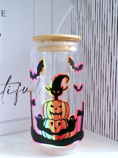 Orange Holographic Pumpkin and Bats 20oz Glass Can with Bamboo lid and Straw