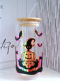 Orange Holographic Pumpkin and Bats 20oz Glass Can with Bamboo lid and Straw